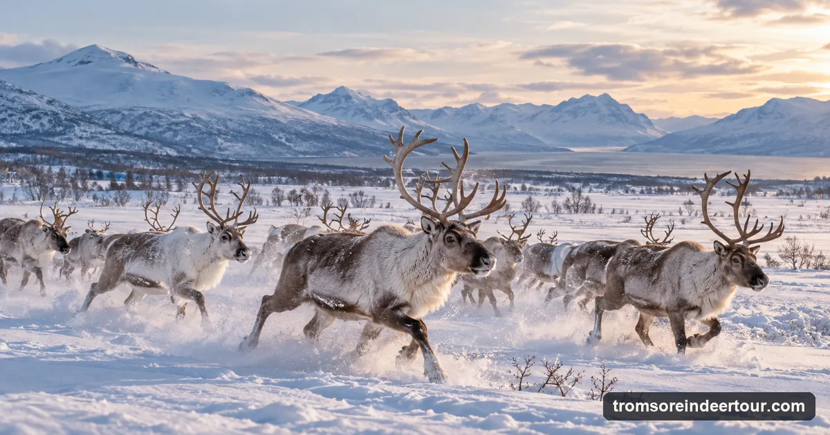 A herd of reindeer trotting across a snowy plain under pale arctic light
