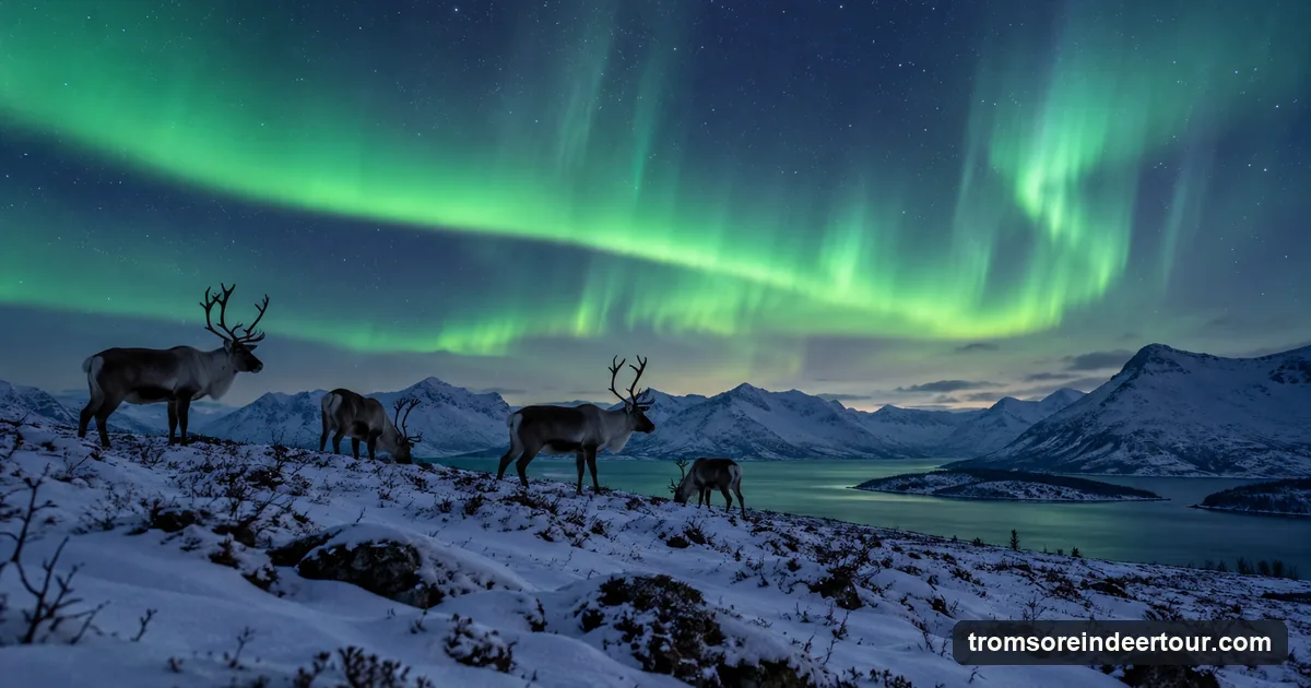 Reindeer silhouettes on a snowy ridge under green northern lights in a clear night sky
