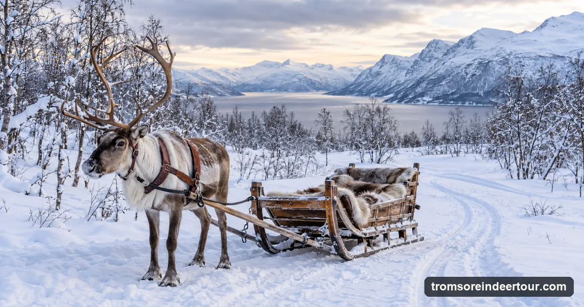 A harnessed reindeer beside an empty wooden sled on fresh snow, sled tracks curving into a birch wood