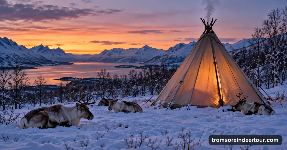 A canvas lavvu tent in the snow at dusk with smoke rising from its top and reindeer resting nearby