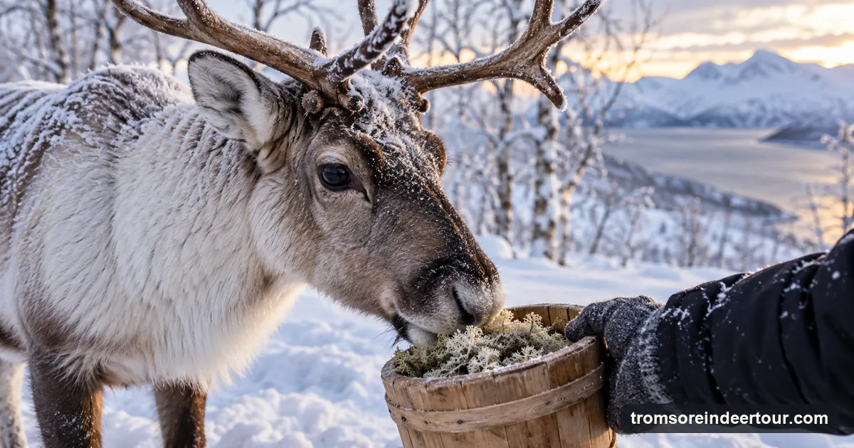 A reindeer eating lichen from a gloved hand holding a small wooden bucket